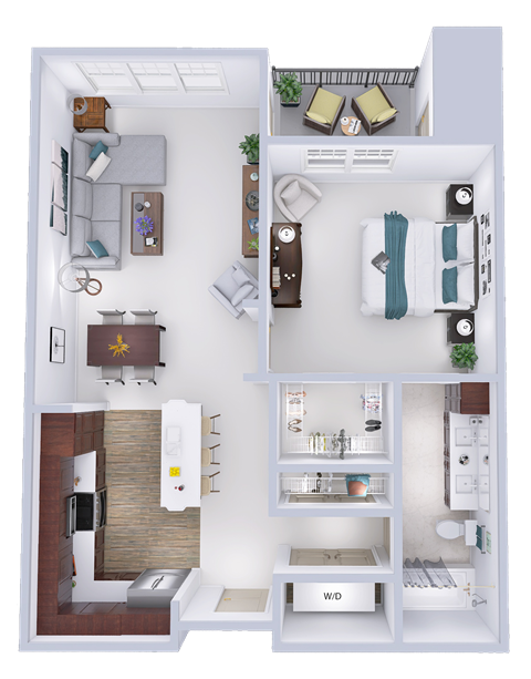 a stylized floor plan of a studio apartment